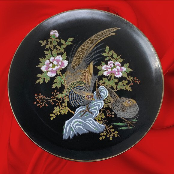 Vintage Imperial Kutani Black Ceramic Japan Pheasant Bird Decorative Plate Dish - Picture 1 of 5